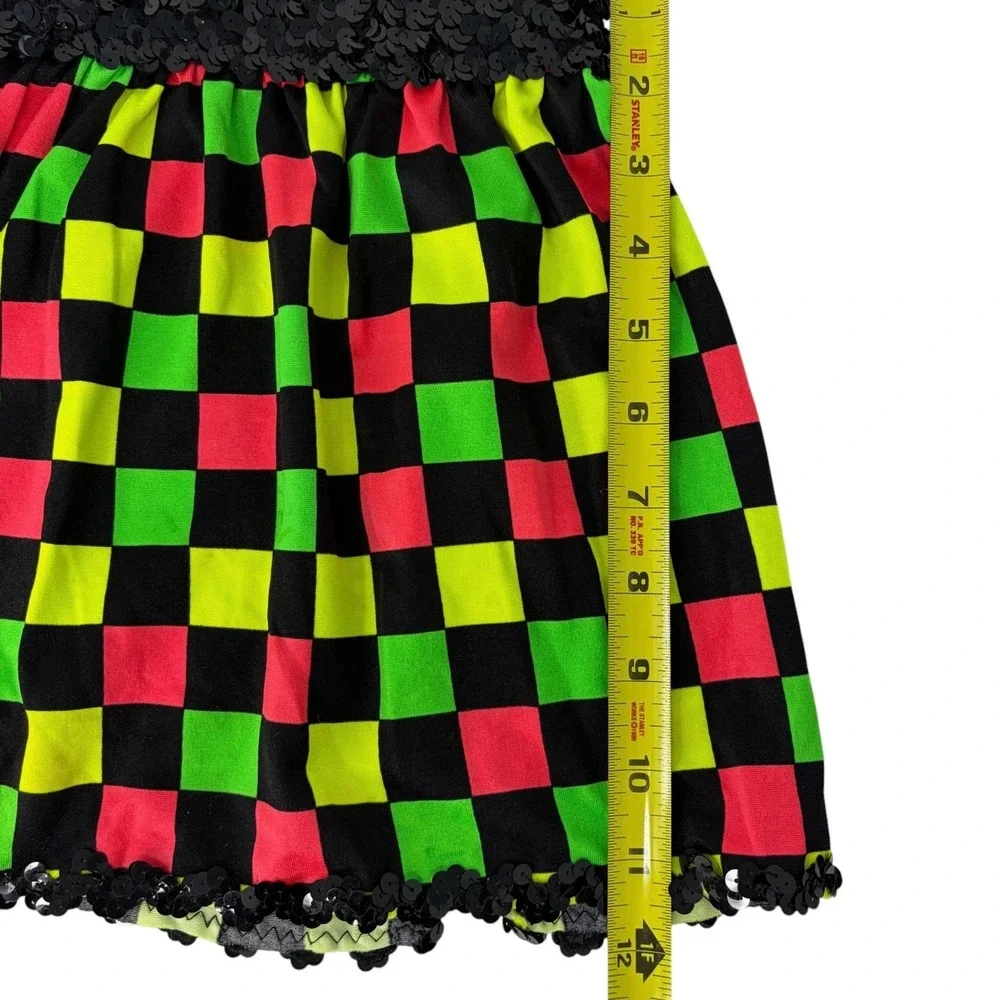 VTG 90s Dance Costume Neon Checkerboard Sequined‎ Skirt & Hat Set Jazz Hip Hop